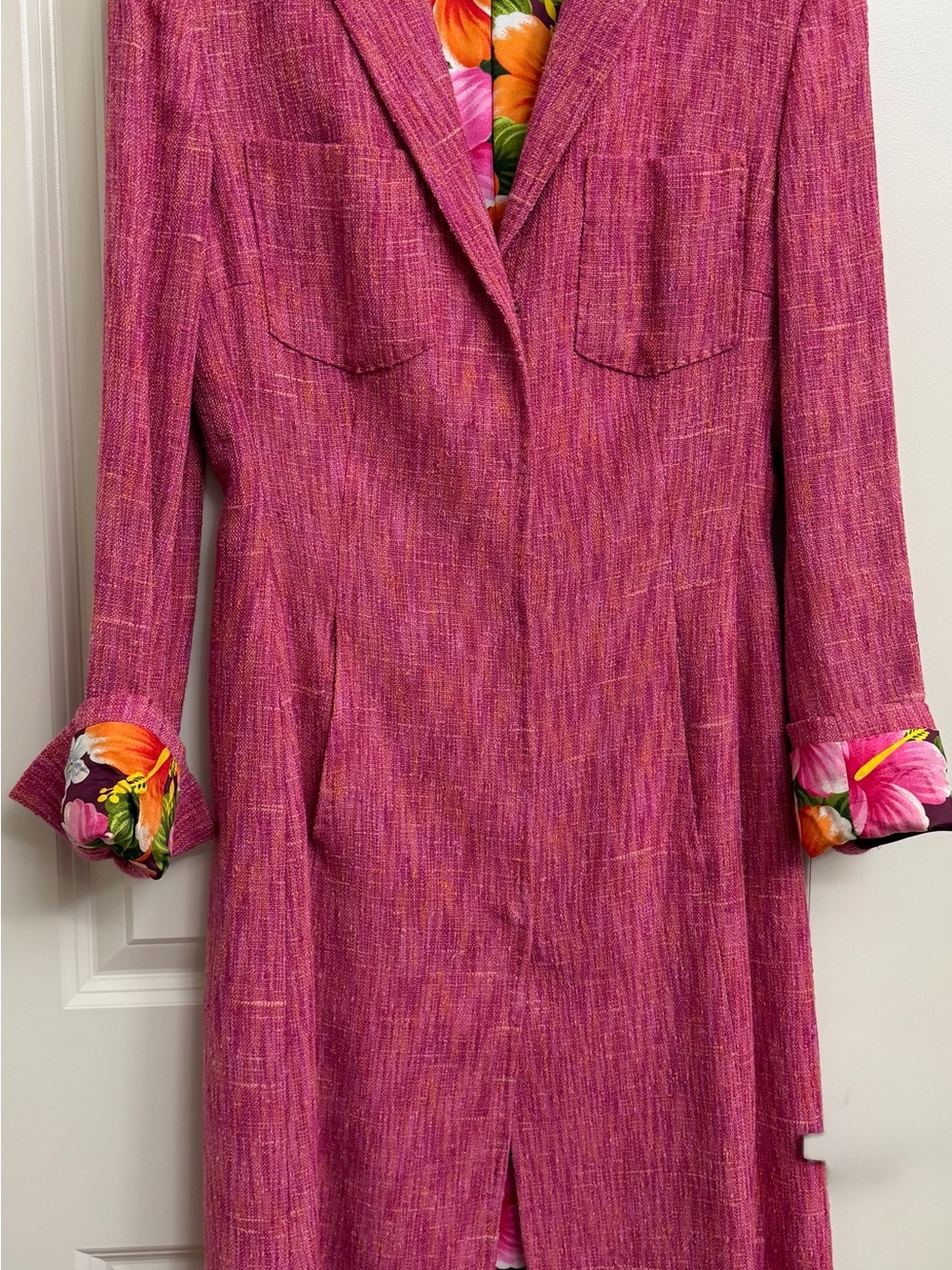 Dolce & Gabbana Fuchsia Tweed Long Sleeve Dress Coat with Floral Cuffs